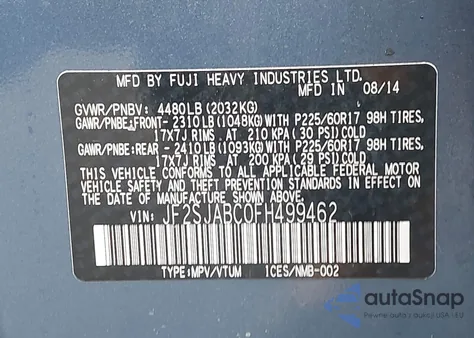 2015 Subaru Forester 2.5I z USA, uszkodzony, nr VIN JF2SJABC0FH499462